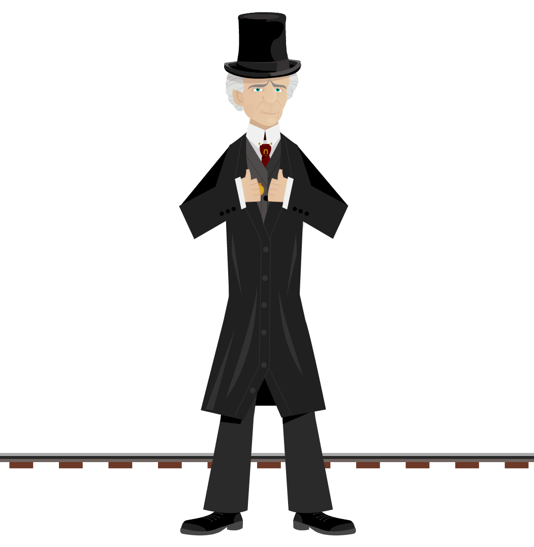 Dessin de Wilfrid Laurier debout nous les mains empoignant son veston. Il est habillé de son habit noir et gris, d’une cravate rouge ornée d’un fer à cheval doré, et de sa montre de poche en or. On remarque derrière lui un chemin de fer.