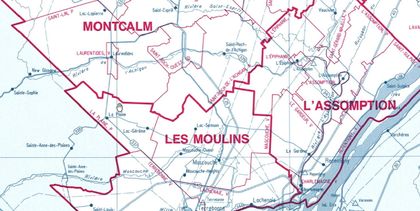 Carte représentant les trois villes principales de la jeunesse de Laurier. L'assomption au centre à droite, Saint-Lin en haut à gauche et New Glasgow un peu plus bas à gauche.