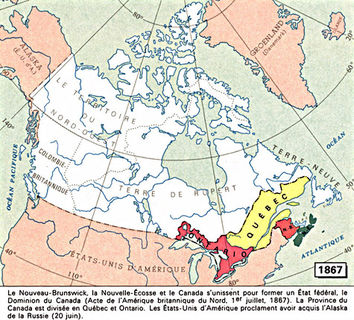 Map showing the four provinces that would form Canada in 1867 (Ontario, Quebec, New Brunswick and Nova Scotia) and the territory that they occupied in what is known today as Canada.