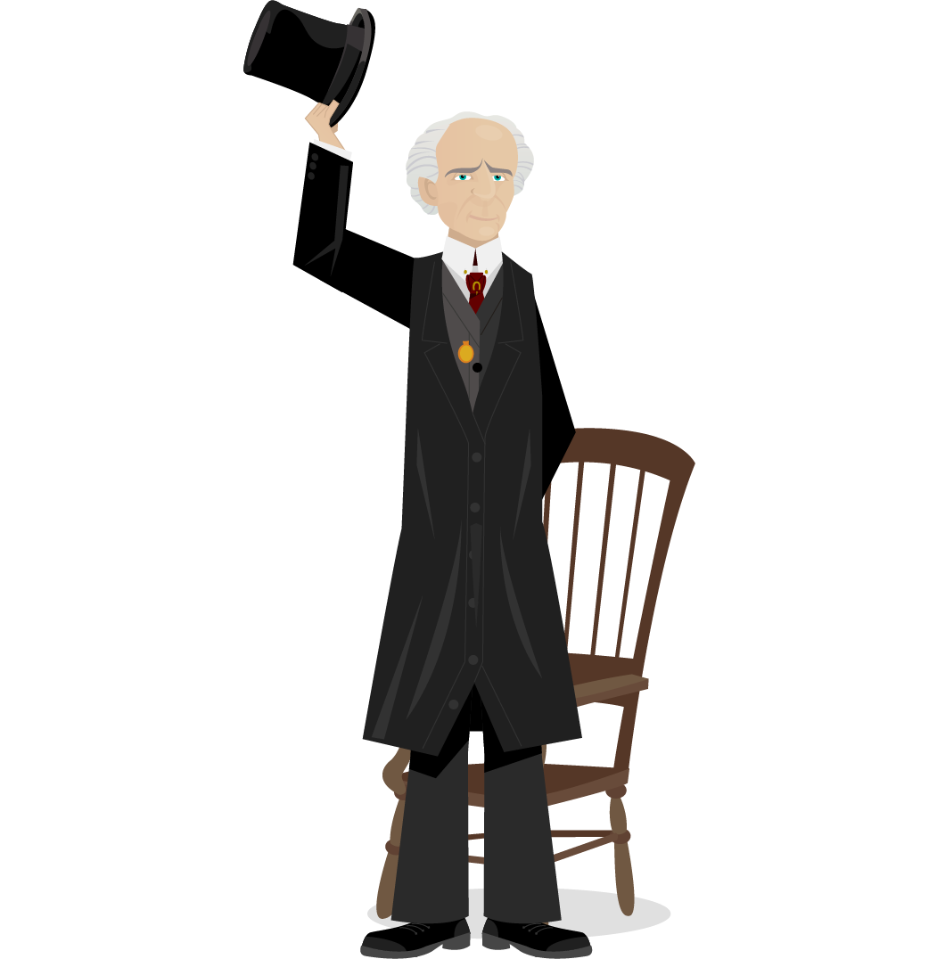 Drawing of Wilfrid Laurier standing greeting us while raising his high-hat. He is dressed in his black and gray coat, a red tie decorated with a gilded horseshoe, and his gold pocket watch. A chair is behind him.