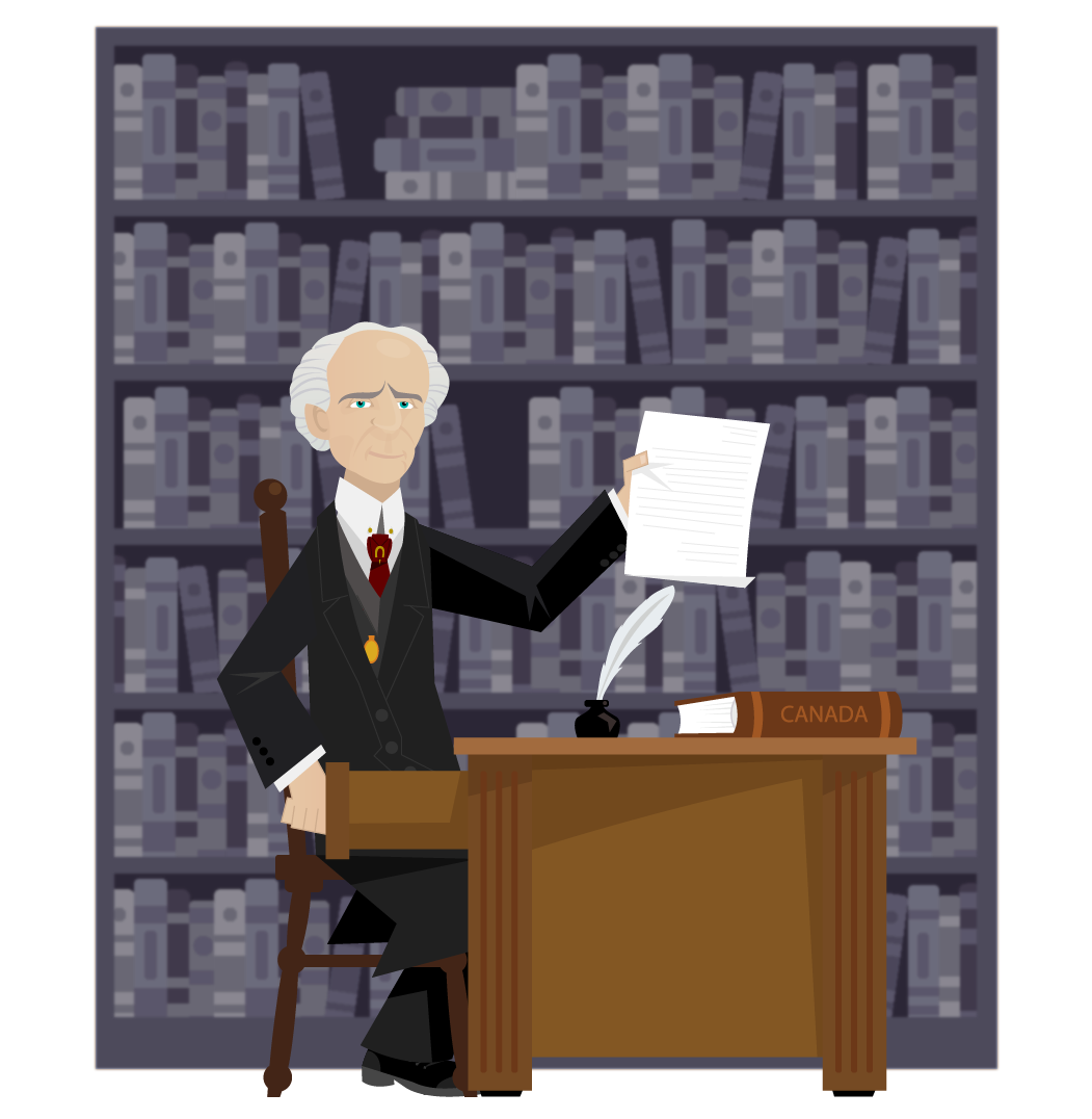 Drawing of Wilfrid Laurier sat at his desk showing us a speech. He is dressed in his black and gray coat, a red tie decorated with a gilded horseshoe, and his gold pocket watch. A book marked Canada and a pen in an inkwell are on his desk. There is a large library in the background.
