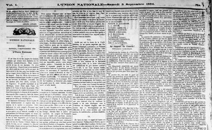 Deuxième page de la première édition du journal L'Union Nationale, qui comporte le texte fondateur du journal ainsi que les participants à celui-ci.