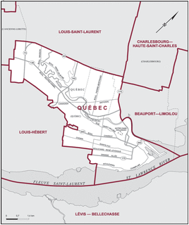 Carte électoral montrant les districts Québec, Beauport et Louis-Hébert qui en 1874 formait le District de Québec-Est.