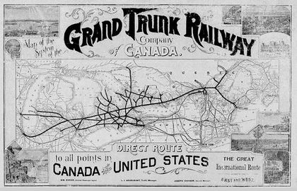 Carte montrant le chemin de fer du Grand Trunk Railway au Québec, Ontario et au sud des grands lacs.